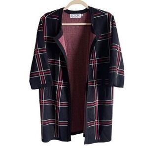 B2 The Look Womens Plaid Knit Cardigan Sweater Jacket‎ Black Red White Pockets